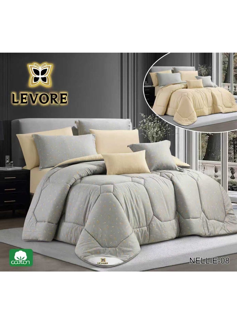 LEVORE 8-piece bedspread set, 100% soft cotton, floral pattern, double-sided, summer style, with filling and fasteners, suitable for King bed. NELLIE-08